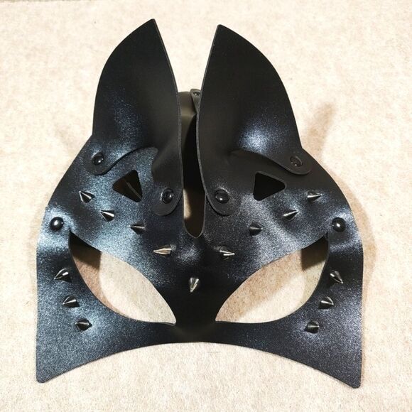 Gothic Black Cat Silver Spike Leather Costume Mask #9 - Picture 3 of 4